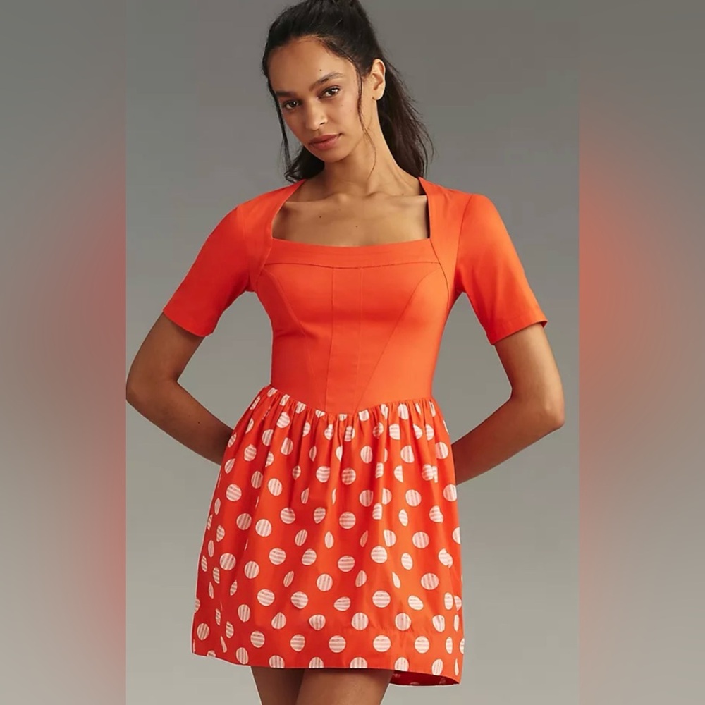 ANTHROPOLOGIE X MAEVE L Short-Sleeve Square-Neck Mini Dress W polka dot skirt